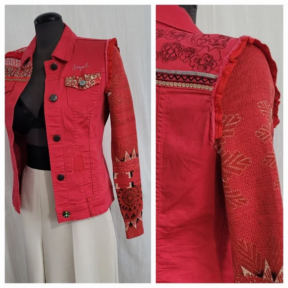 Desigual Red Embroidered Jean Jacket with Patterned Sleeves / 38 - Picture 10 of 10